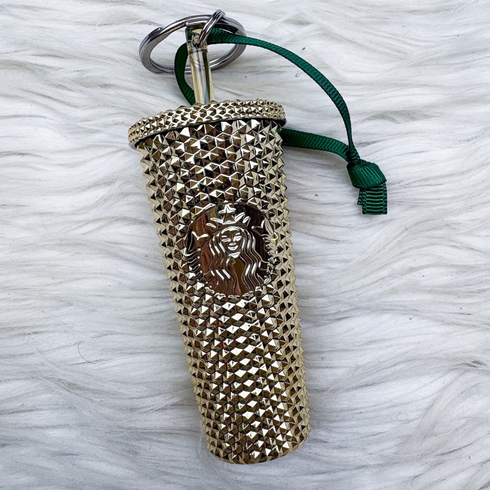 Starbucks Gold Bling Studded Metallic Chrome Ornament Keychain Holiday 2022 NEW